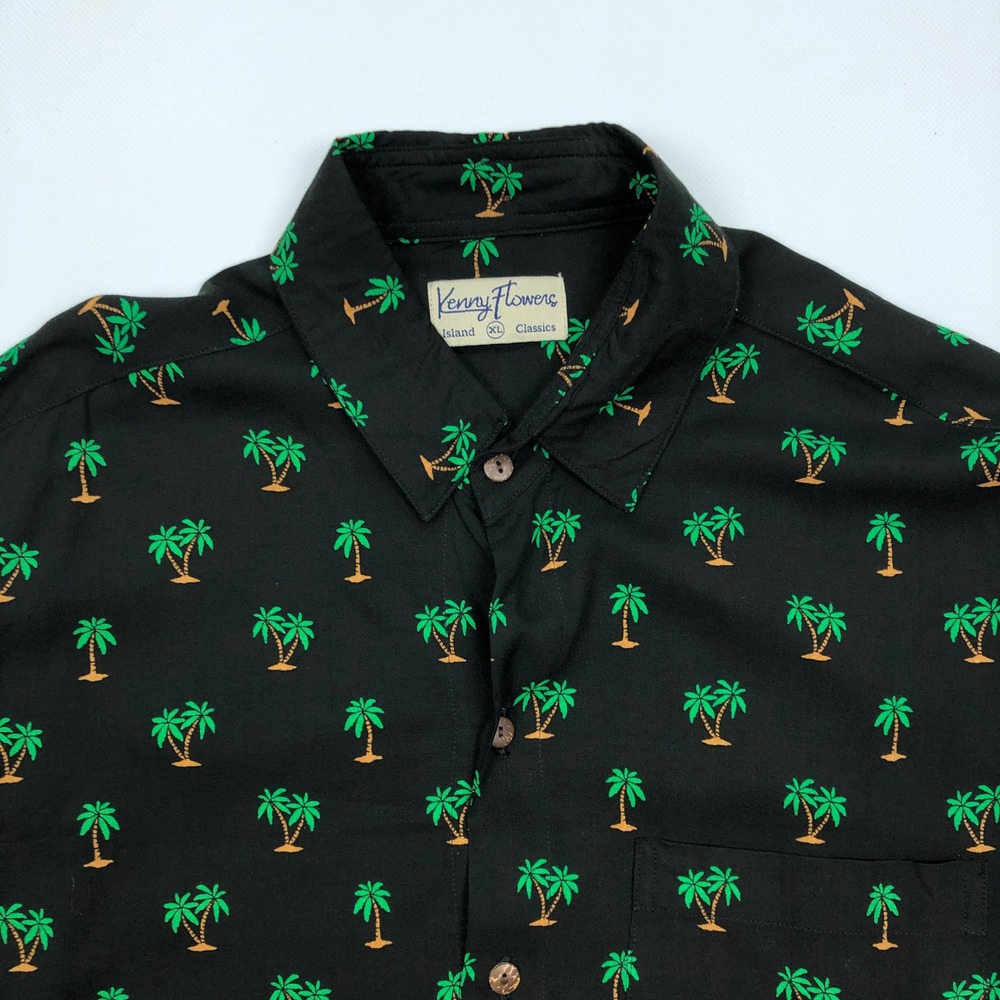 Kenny Flowers Shirt Mens XL Palm Tree Print Rayon Button Up Black - Picture 2 of 8